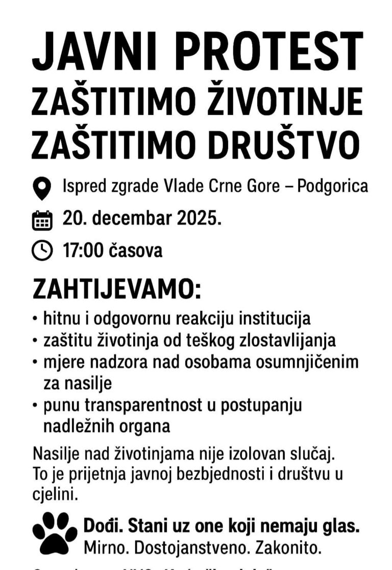 Građani pozvani na protest ispred Vlade: Zahtjev za odgovornost zbog teškog zlostavljanja životinja